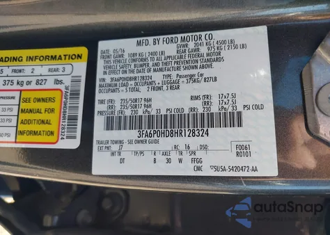 2017 Ford Fusion Se z USA, uszkodzony, nr VIN 3FA6P0HD8HR128324